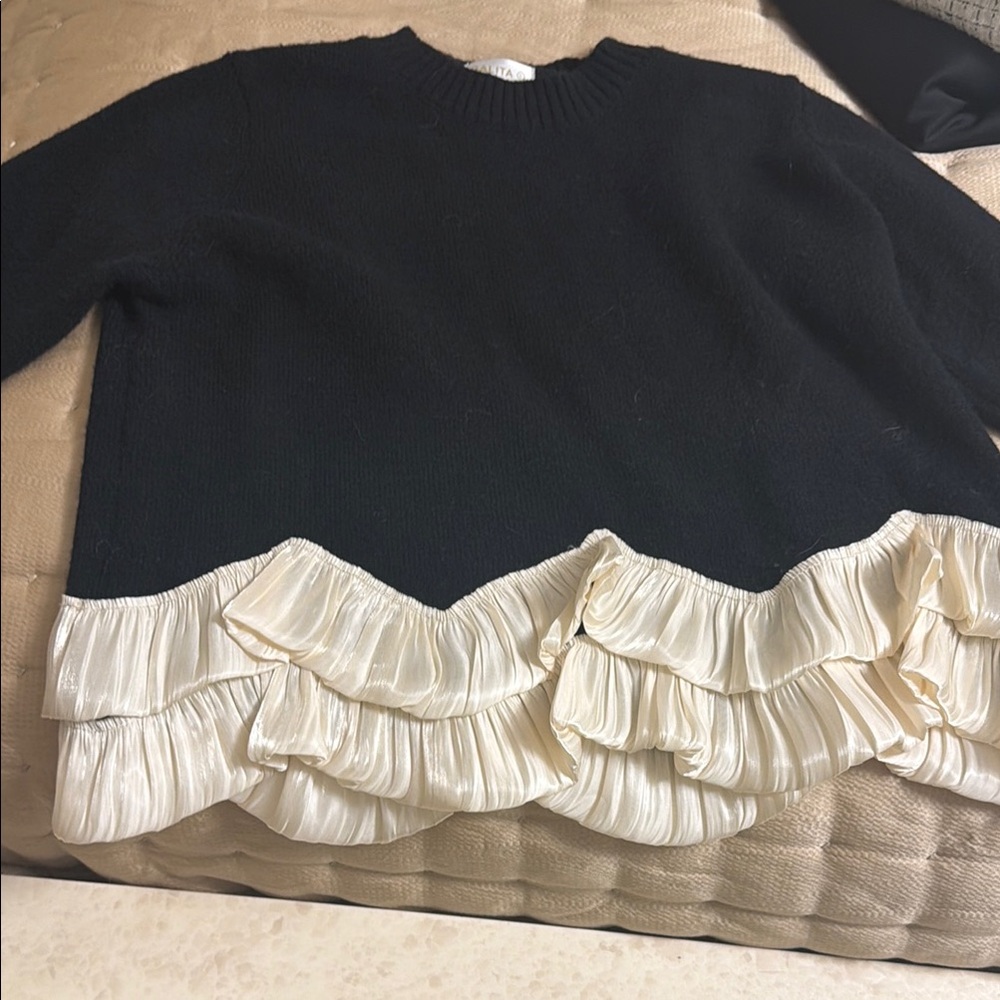 Women's Black Crewneck Sweater with Cream Ruffle Hem